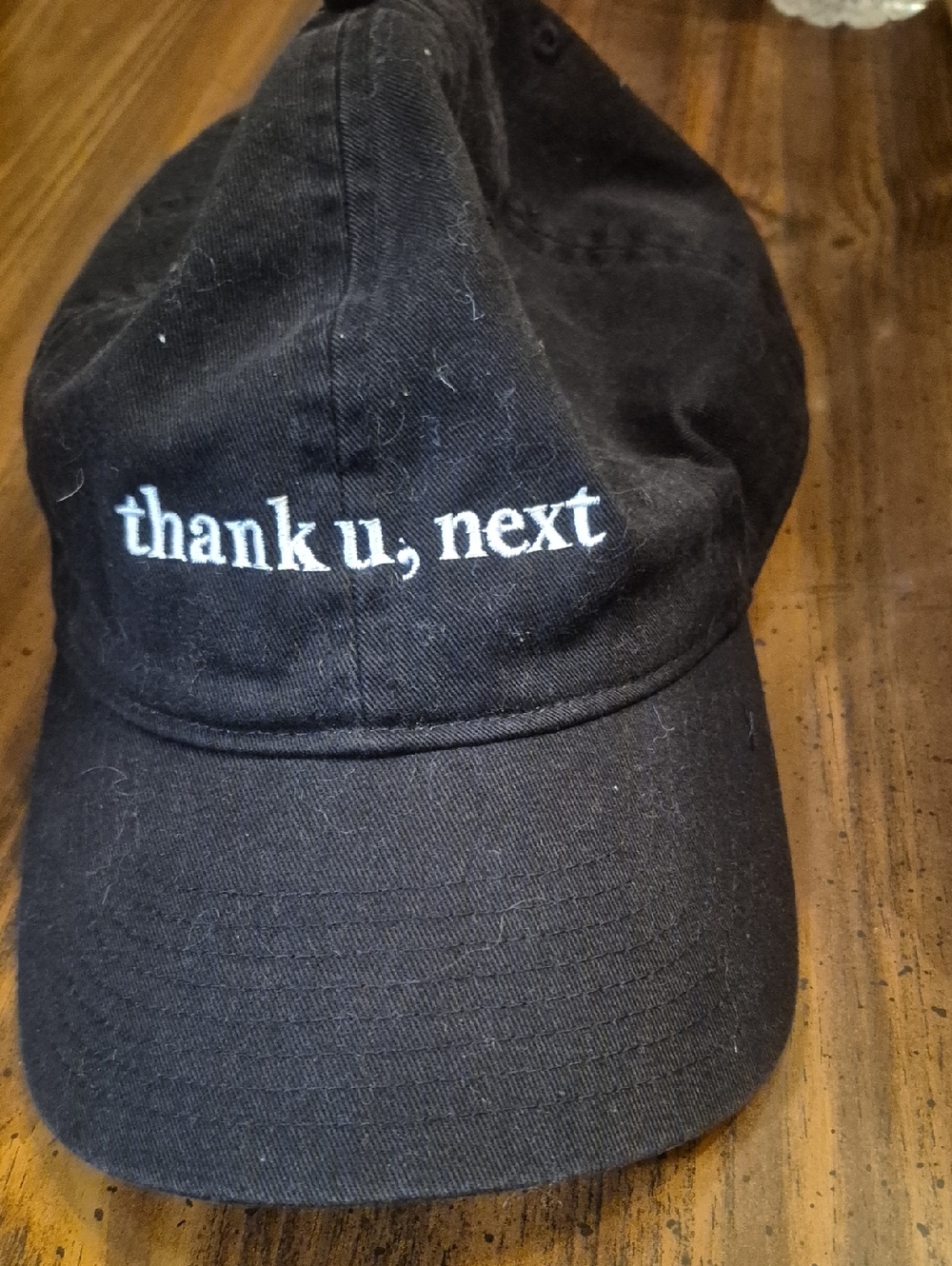 Source Unknown Black Baseball Cap with White "thank u, next" Embroidery